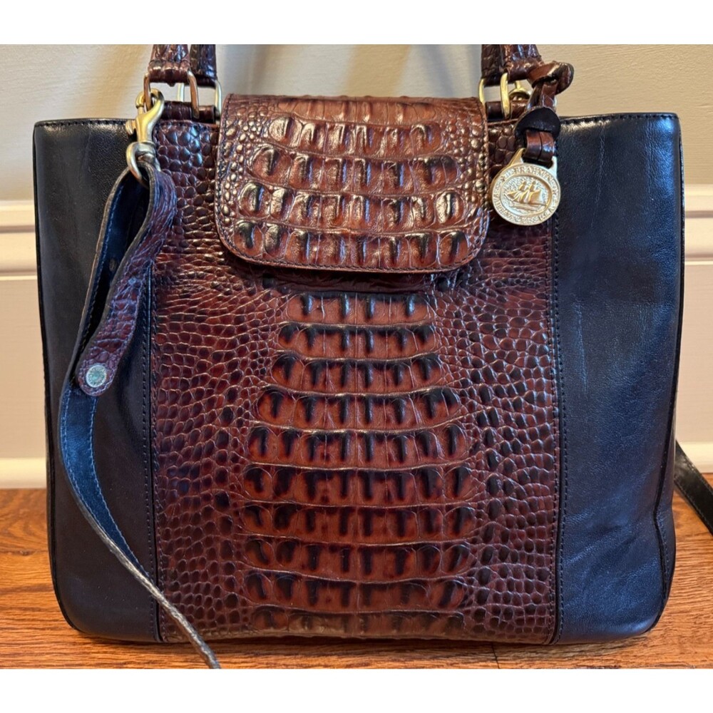 Vintage BRAHMIN Cecilia Black Tuscan Moc Croc Satchel Shoulder Purse 4471BK - Picture 2 of 16